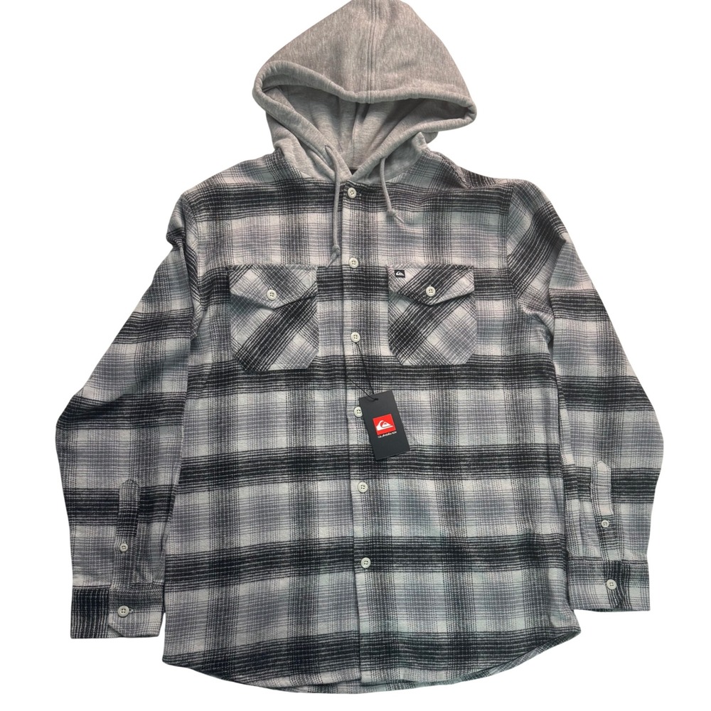 Quiksilver Mens Plaid Hooded Flannel Shirt Quarry Grey Black M NWT